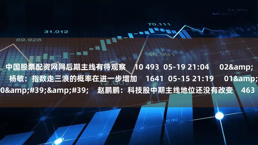 中国股票配资网网后期主线有待观察    10 493  05-19 21:04     02&#39;35&#39;&#39;    杨敏：指数走三浪的概率在进一步增加    1641  05-15 21:19     01&#39;50&#39;&#39;    赵鹏鹏：科技股中期主线地位还没有改变    463  05-15 21:19     一财最热    点击关闭